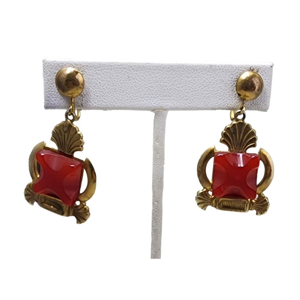 Vintage Art Deco Molded Glass & Brass Screw Back Clip Earrings (A2778)